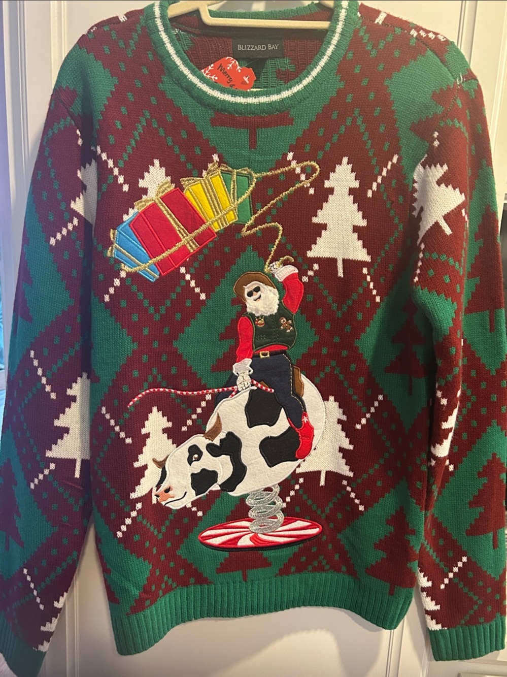 Blizzard Bay Novelty Holiday Cowboy Cow Sweater - Green & Red